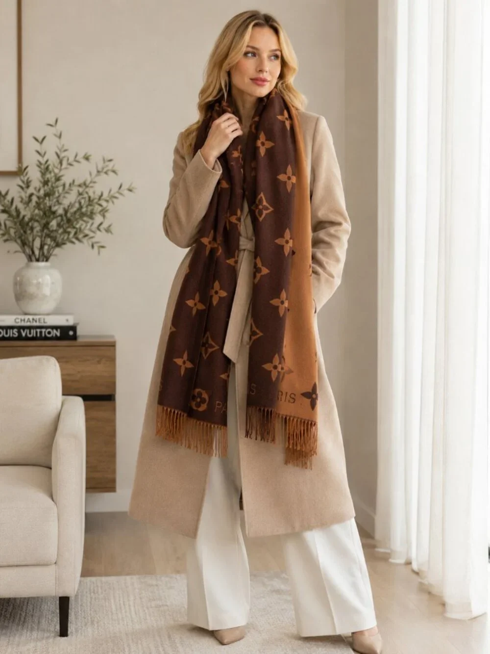 Brown Tan Reversible Monogram Oversized Scarf Shawl Wrap Fringe Luxury Style